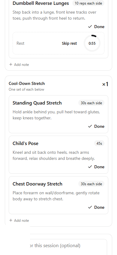 A guided training session in Personal Trainer, showing an exercise with an active rest timer