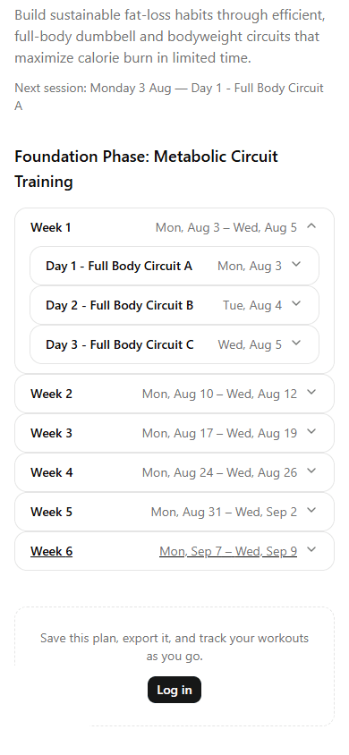 An active training program schedule with upcoming sessions